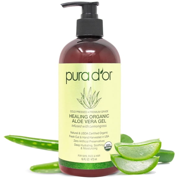 PURA D'OR Organic Aloe Vera Gel Lemongrass Scented 16 Fl Oz
