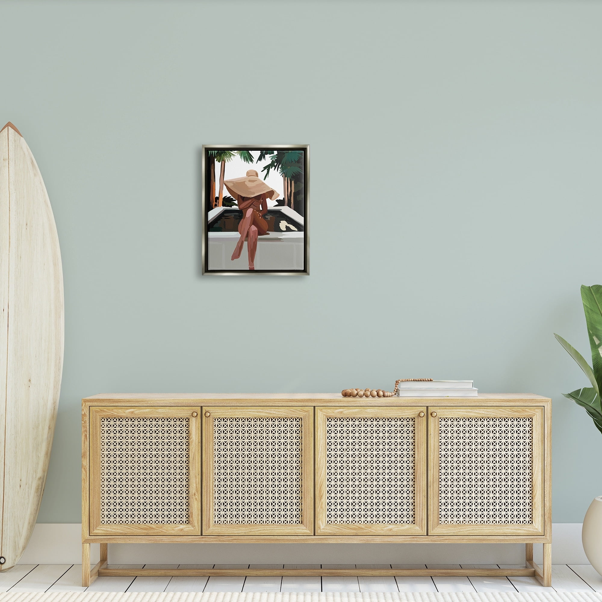Stupell Industries Trendy Upscale Woman Tropical Summer Hot Tub Graphic Art Luster Gray Floating Framed Canvas Print Wall Art, Design by Amelia Noyes
