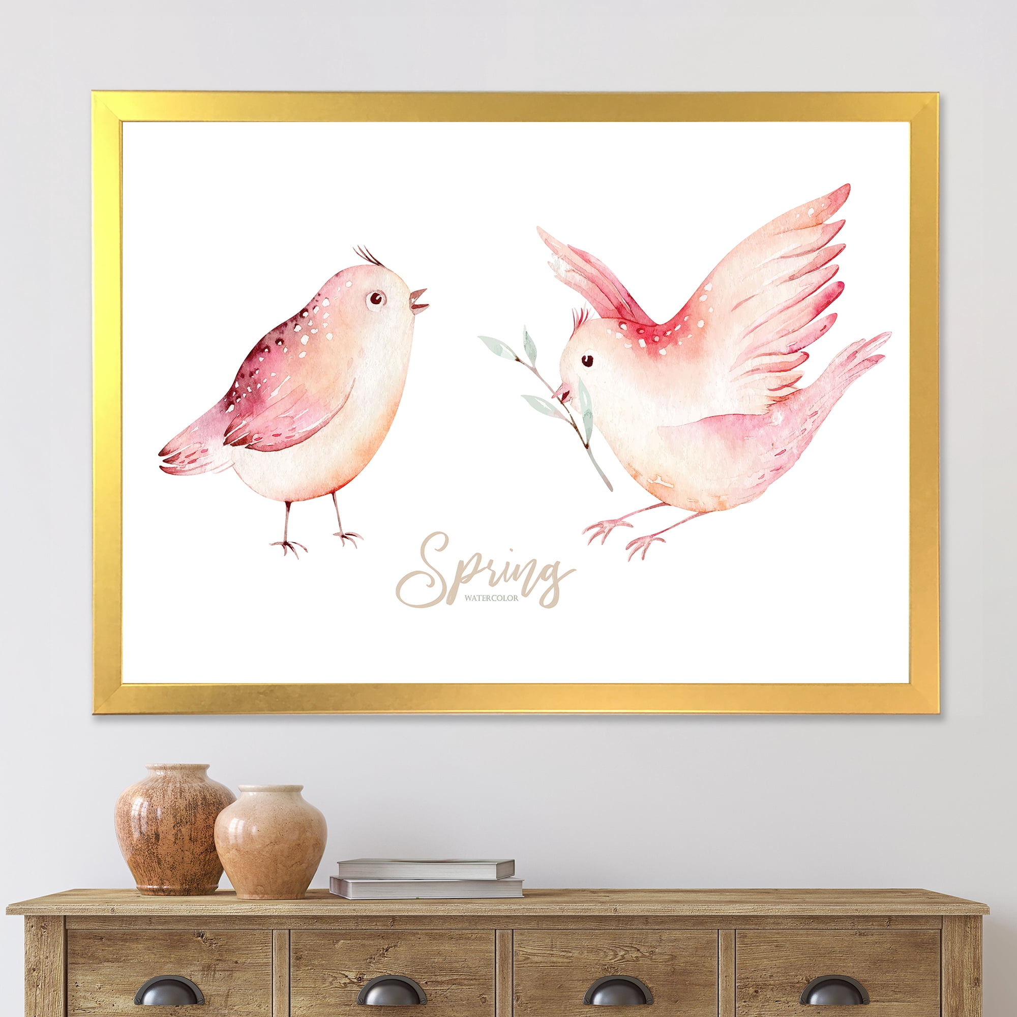 Designart 'Spring Bird With Green Leaves On White' Traditional Framed Art Print