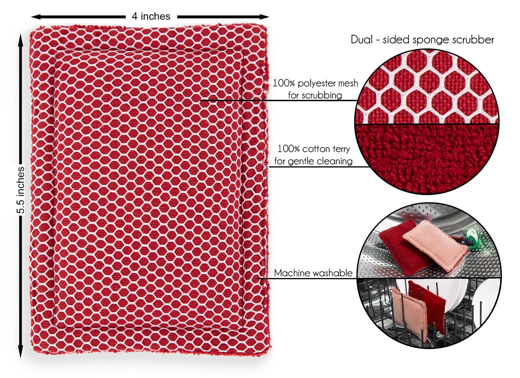 Mainstays Sponge Scrubbers, 4.5 x 5 inches, 100% Cotton Shell, 2 Count per Pack, Red