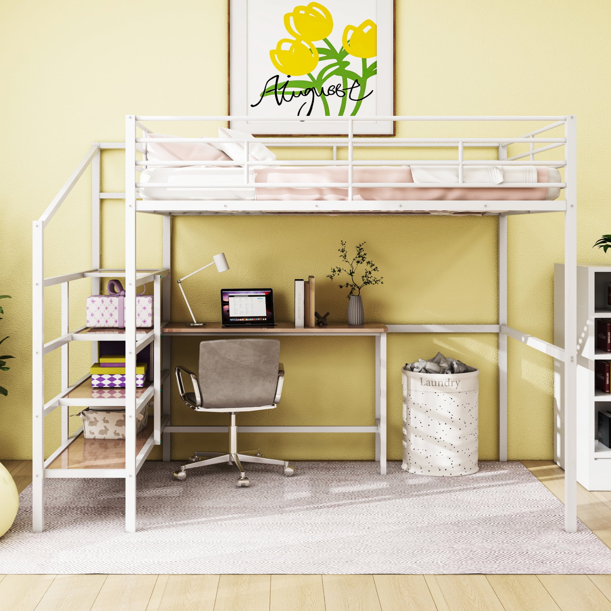 Full Size Loft Bed with Desk and Lateral Storage Ladder,Metal Loft Bed for Kids,White