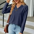 thumbnail image 6 of Women V Neck Blouse Long Sleeve Textured Jacquard Button Front Decoration Pullover Top Navy Blue M, 6 of 6