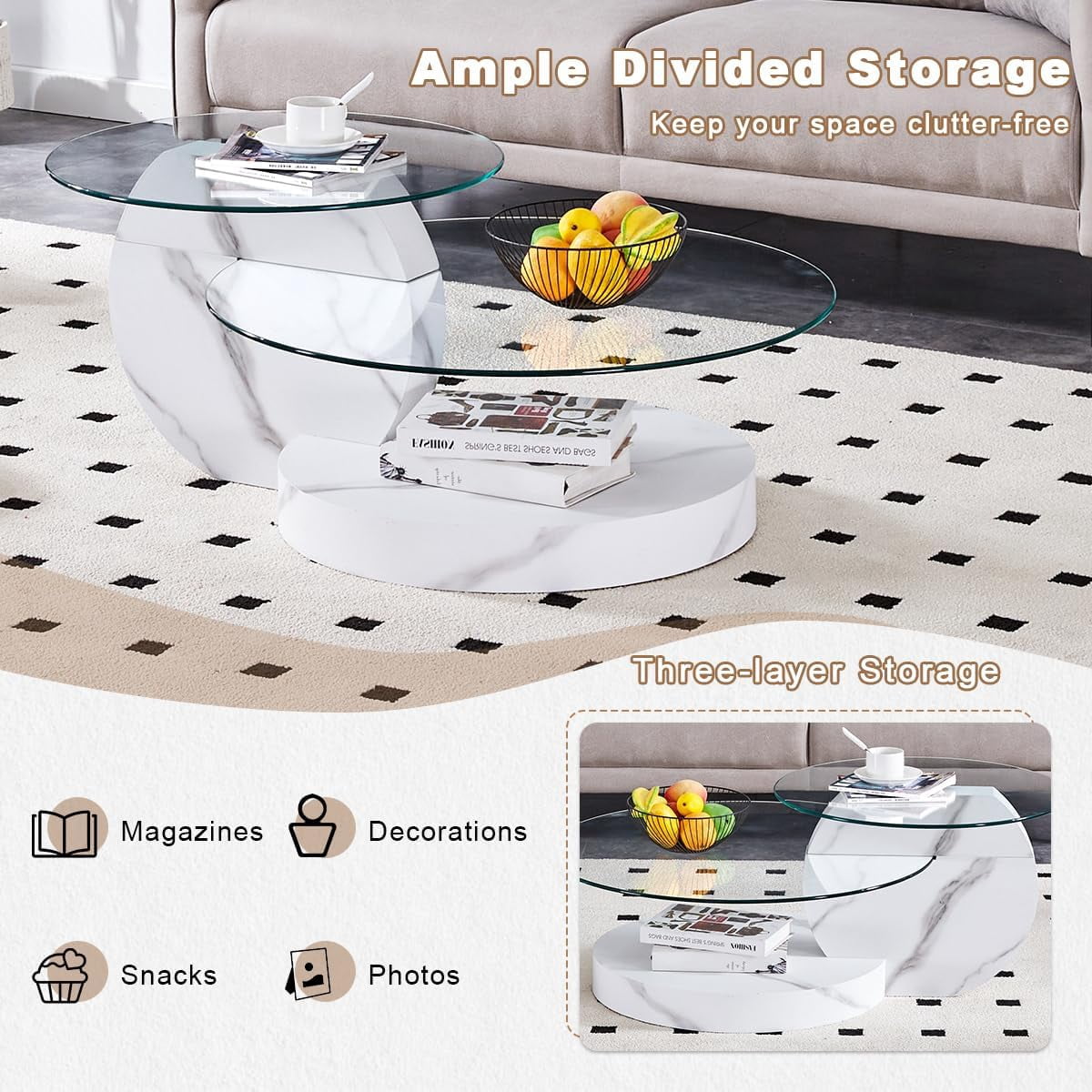 StnTalk 42" Round Coffee Table, 3-Tier Glass Coffee Table with Faux Marble MDF Base, Modern Storage Center Table for Living Room, Small Space, Apartment