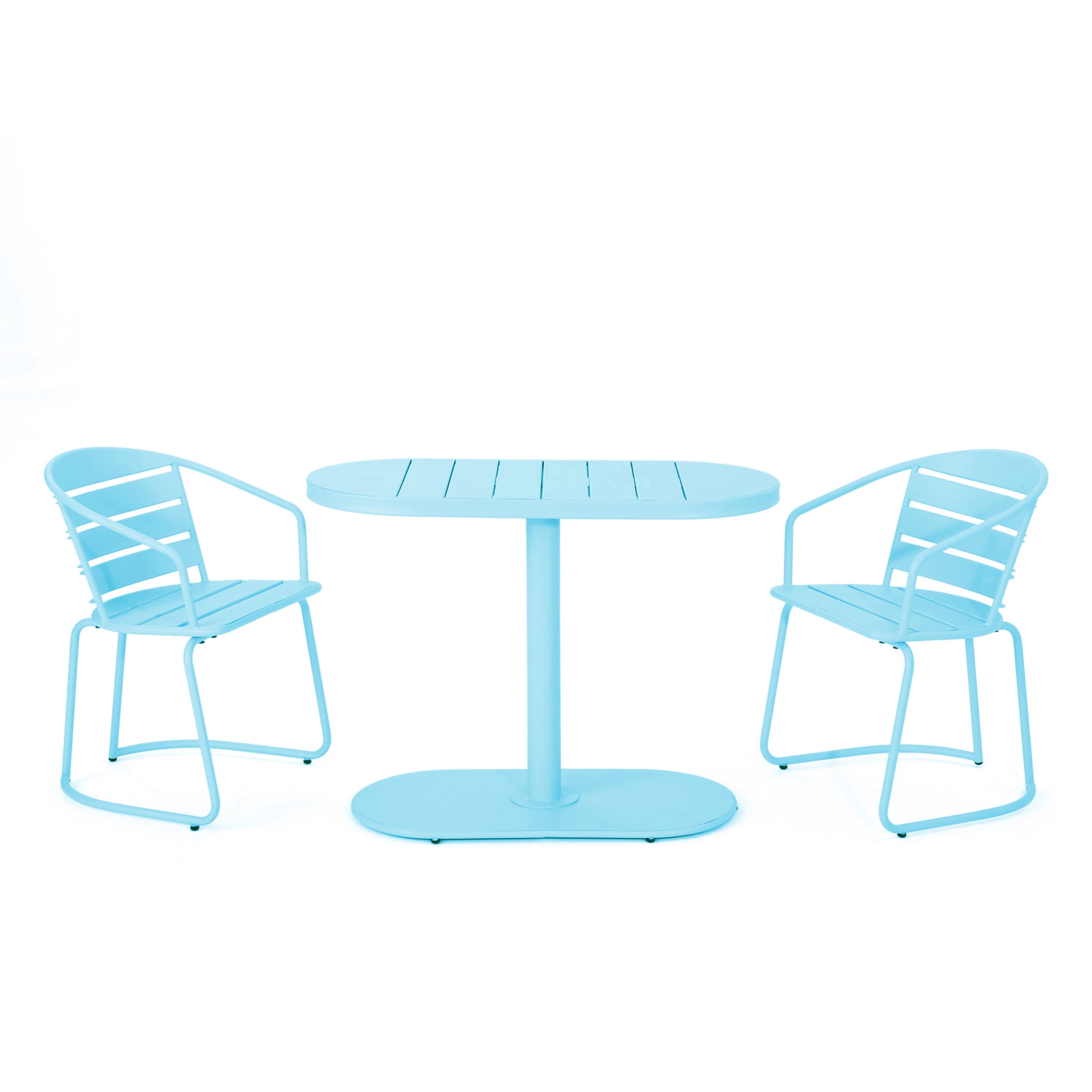 Christopher Knight Home Minimalist 3-Piece Outdoor Bistro Set, Oval Table & Slatted Chairs, Matte Light Blue