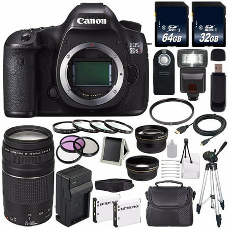Canon EOS 5DS R DSLR Camera (International Model No Warranty) 0582C002 + Canon EF 75-300 III+ LP-E6 Replacement Battery + Charger + 64GB SDXC Card + 32GB SDHC Card + 58mm Macro Close Up Kit (Best Camera For Close Ups 2019)