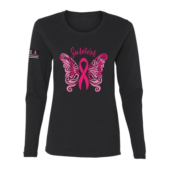Wild Bobby Survivor Breast Cancer Butterfly USA Flag Sleeve Breast Cancer Awareness Women Long Sleeve Tee, Black, Medium