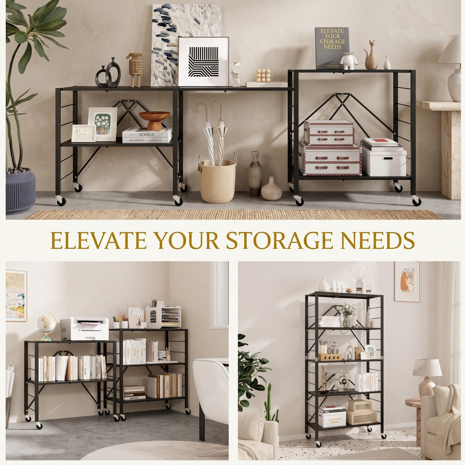 Furnibear 5-Tier Foldable Storage Shelf with Wheels, Adjustable Extendable Metal Utility Rack for Kitchen Living Room Study Tool Room, Rolling Storage Organizer, Black