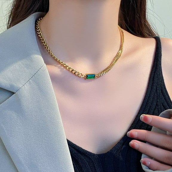 New Punk Cuban Chain Choker Necklace For Women 14K Yellow Gold Green CZ Necklace Female Jewelry Christmas Gift