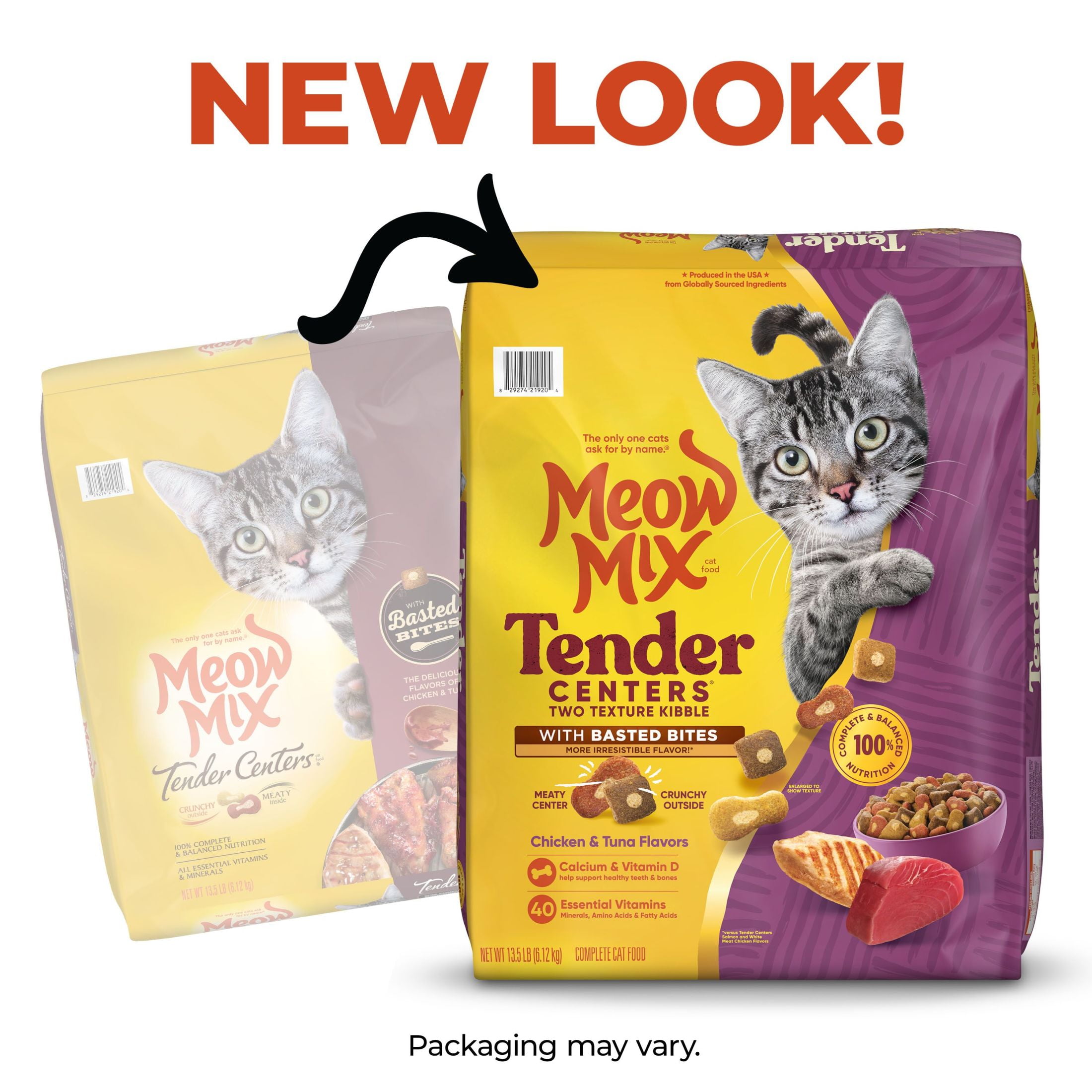 Meow Mix Tender Centers Basted Bites, Chicken & Tuna Flavors, Dry Cat Food, 13.5 lb. Bag