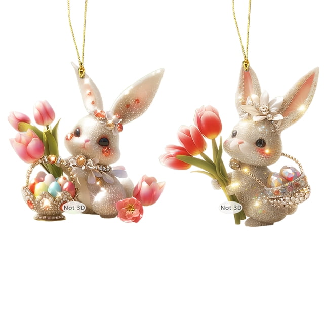 Diconna Car Rear View Mirror Pendant Cartoon Bunny Pattern Hanging Pendant Car Decorations Easter Ornaments