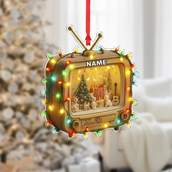 Personalized Vintage TV Acrylic Christmas Ornament with Lights Custom Name, Retro Home Holiday Tree Decor, Family Movie Night Keepsake