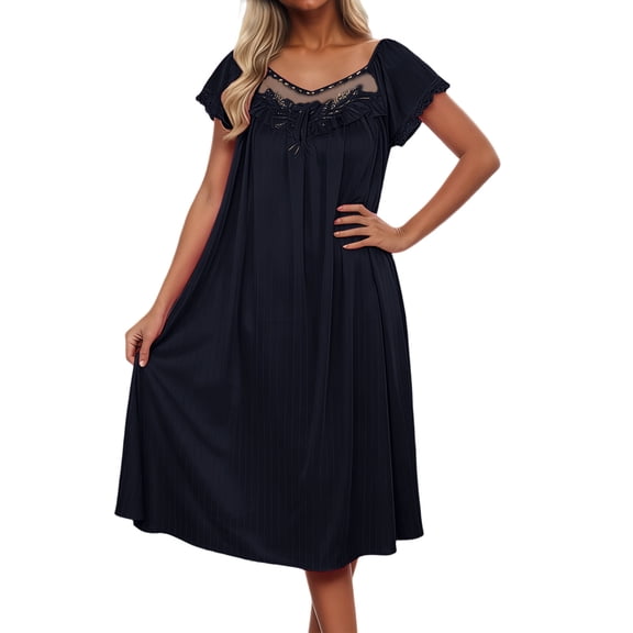 PMVFHDE Women's Summer Ice Silk Knee-Length Nightgown with Comfortable Lace Short Sleeve Home Wear Women Pajamas