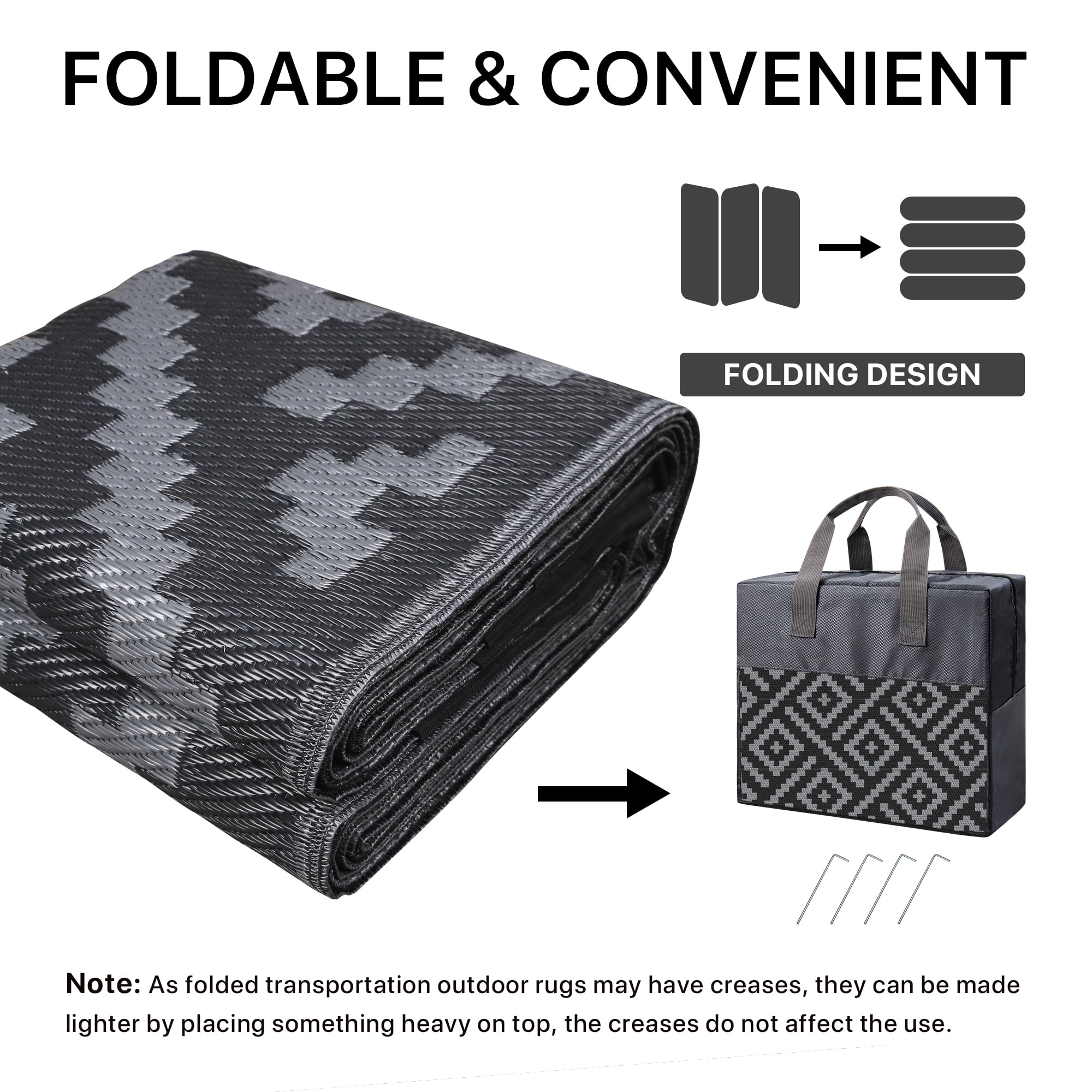 DEORAB Outdoor Rugs Waterproof Plastic Straw Mat 6'x9' Reversible for RV Patio Deck Beach Black & Gray