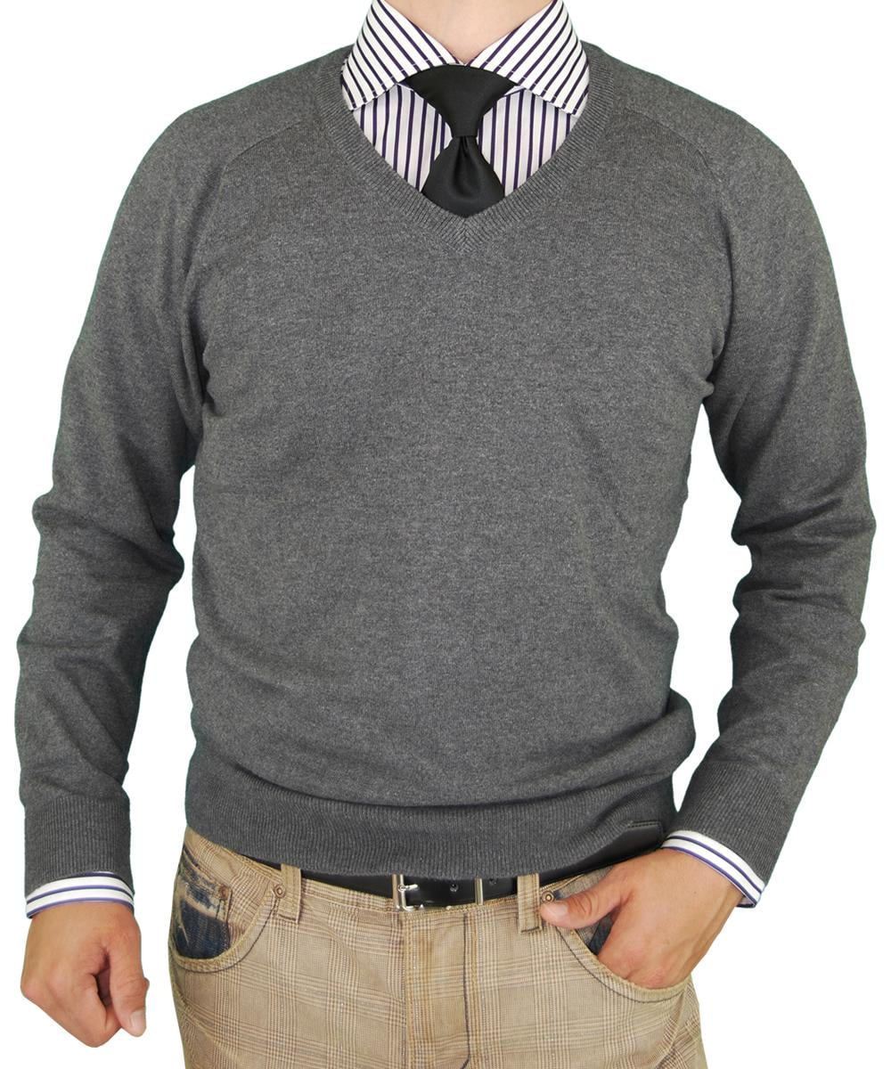 LN LUCIANO NATAZZI Classic Fit V-Neck Premium Cotton Sweater Cashmere Touch 