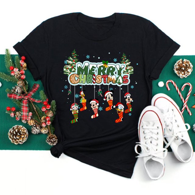 Camisetas con estampado de Disney para mujer, camisetas negras de Feliz Navidad Kawaii Y2K de los años 90, camisetas de Papá Noel, ropa Harajuku