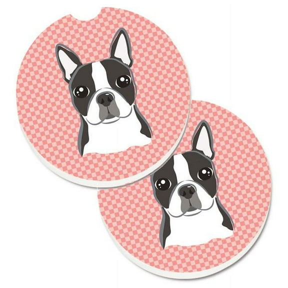 Checkerboard Pink Boston Terrier Set of 2 Cup Holder Car Coaster