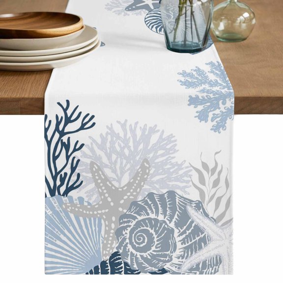Coastal Coral Table Runner 70 Inches, Ocean Starfish Beach Conch Haze Blue Marine Life Bed Runner Dresser Scarves Tabletop for Indoor Outdoor Parties/Ceremony/Banquet, 13" x 70"