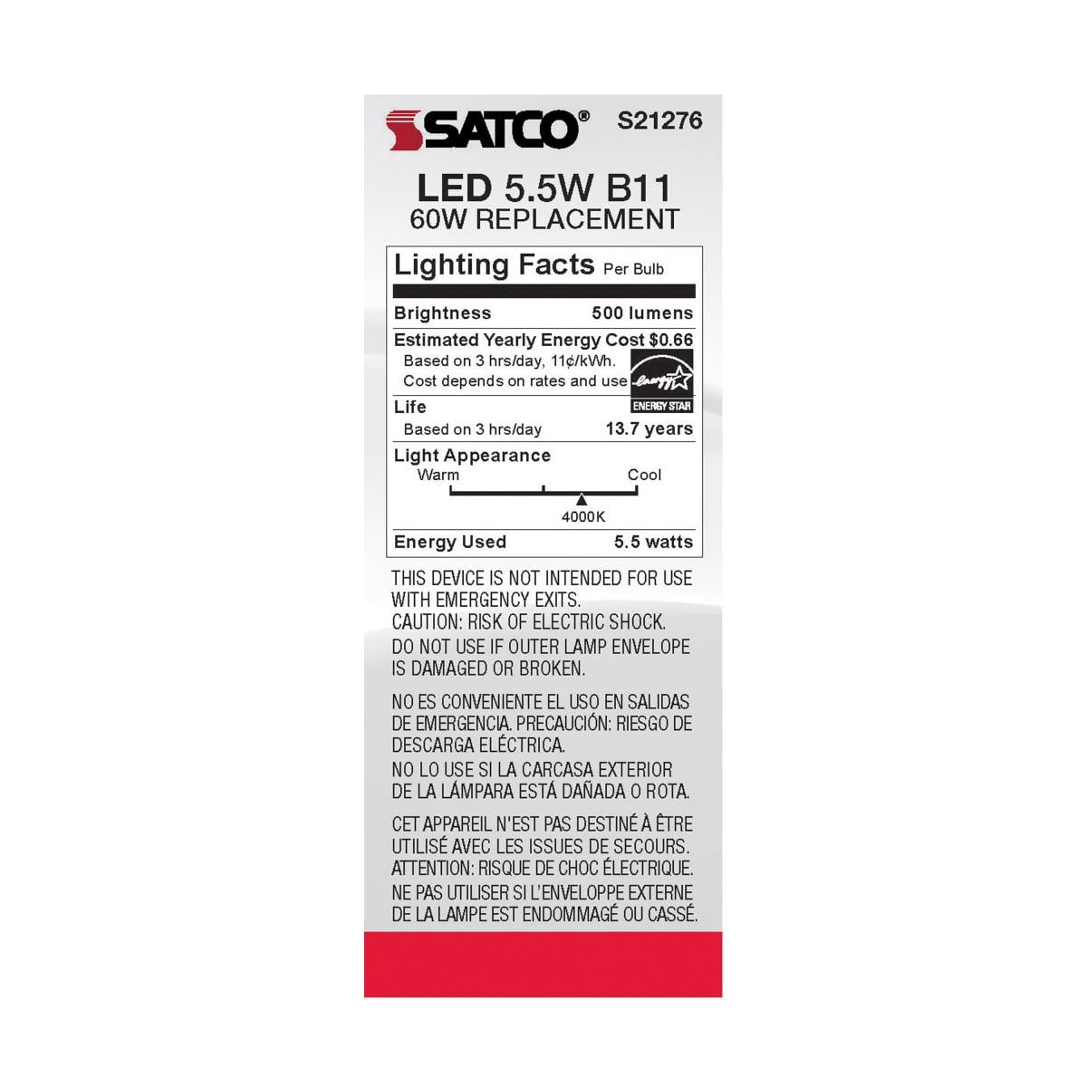 5.5W B11 LED - Clear - Candelabra base - 90 CRI - 4000K - 120V - 6-PACK.Color:Clear,Pack QTY:6