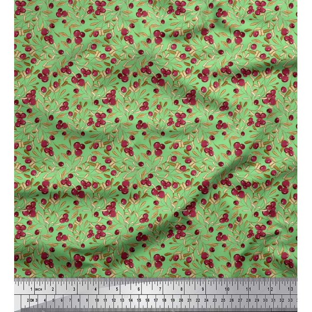 Soimoi Poly Georgette Fabric Leaves & Berries Fruits Printed Fabric 1 Yard 52 Inch Wide