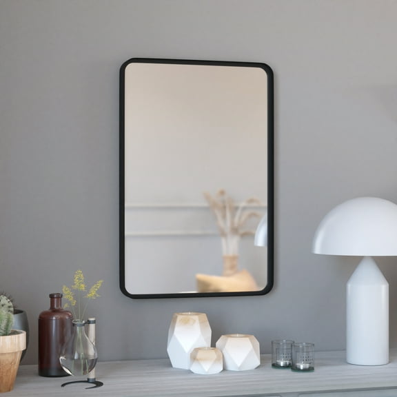 Merrick Lane 20" x 30" Matte Black Decorative Wall Mirror with Rounded Corners for Bathroom, Living Room, Entryway, Hangs Horizontal Or Vertical