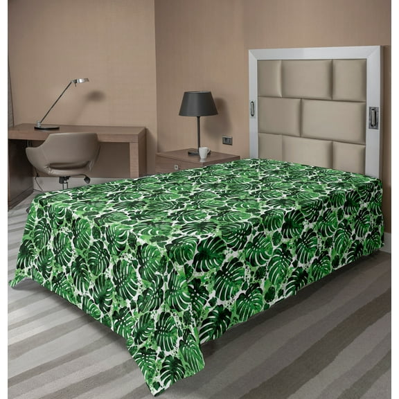 Ambesonne Tropical Flat Sheet, Splashed Monstera Leaves, TwinXL Size, Multicolor