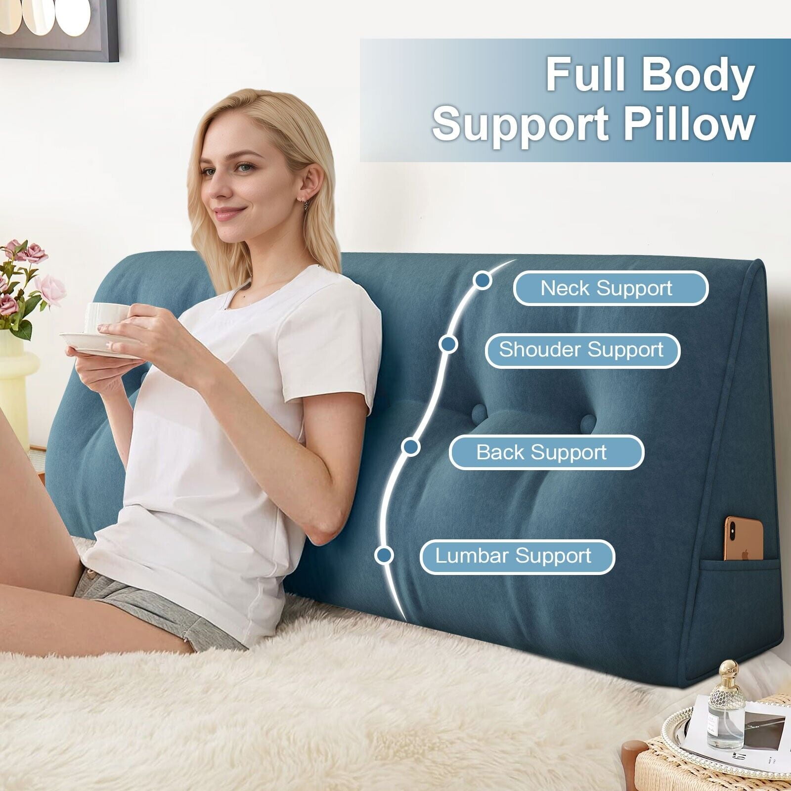 TOPCHANCES Large Bed Wedge Pillow, Headboard Triangular Backrest Reading Pillow with a Side Pocket(Ocean Blue, 79 x 7.8 x 20 inch)