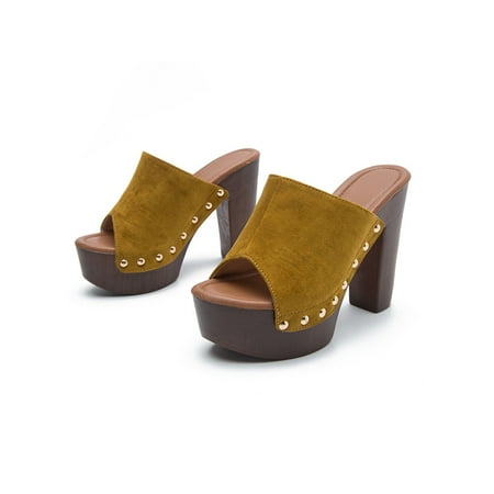

Gomelly Ladies Office Non-slip Slip On Slides Sandals Walking Fashion Lightweight Block Heel Heels Shoes Yellow 5