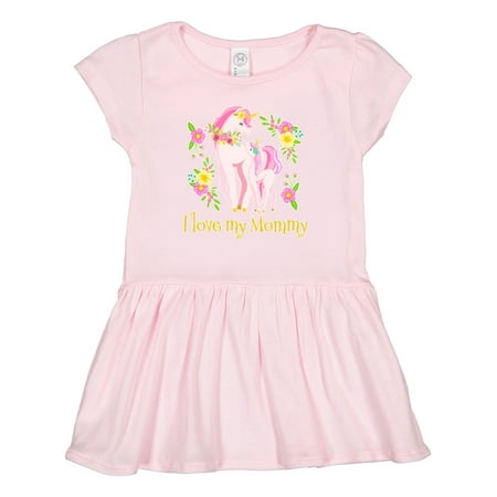 

Inktastic I Love My Mommy Unicorn with Pink and Yellow Flowers Gift Toddler Girl Dress