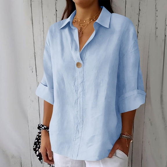 HongQid Summer Linen Shirts for Women Button Down V Neck 3/4 Sleeve T-Shirt Blouse Casual Loose Basic Solid Tunic Tops