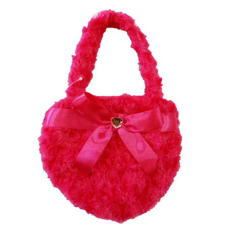 Girls Hot Pink Fuzzy Velvet Sparkle Stone Bow Attached Heart Purse - 0