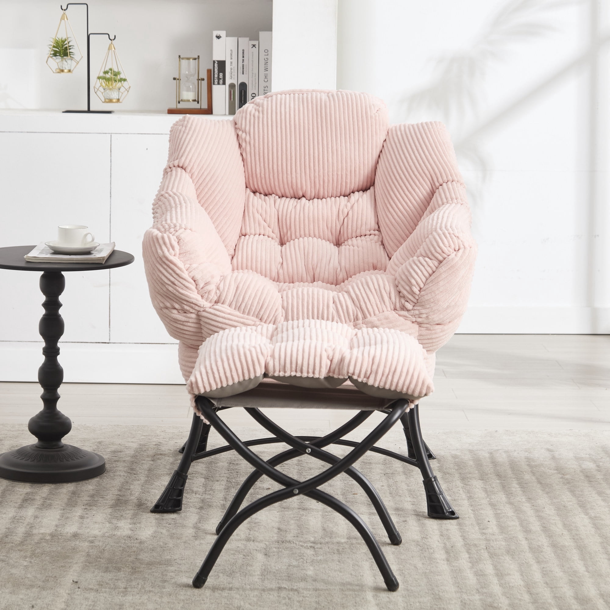Lazy Chair with Ottoman,Modern Accent Chair with Armrests and a Side Pocket,Upholstered Armchair Sofa Chair Reading Chair with Footrest for Living Room,Pink