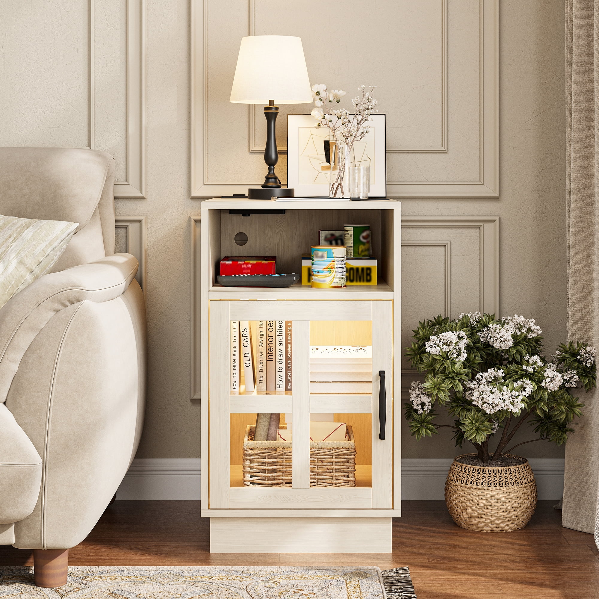 VEANERWOOD End Tables for Living Room with Charging Station & LED Light, Nightstand for Bedroom with Glass Door and Adjustable Shelf, Beige