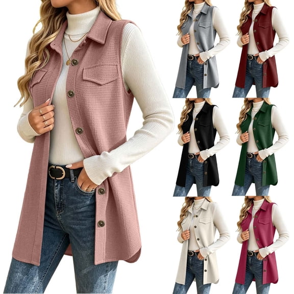 Hfnxid Waffle Vest for Women Sleeveless Button Down Vests Work Lapel Coats Loose Fit Vintage Outerwear with Pocket