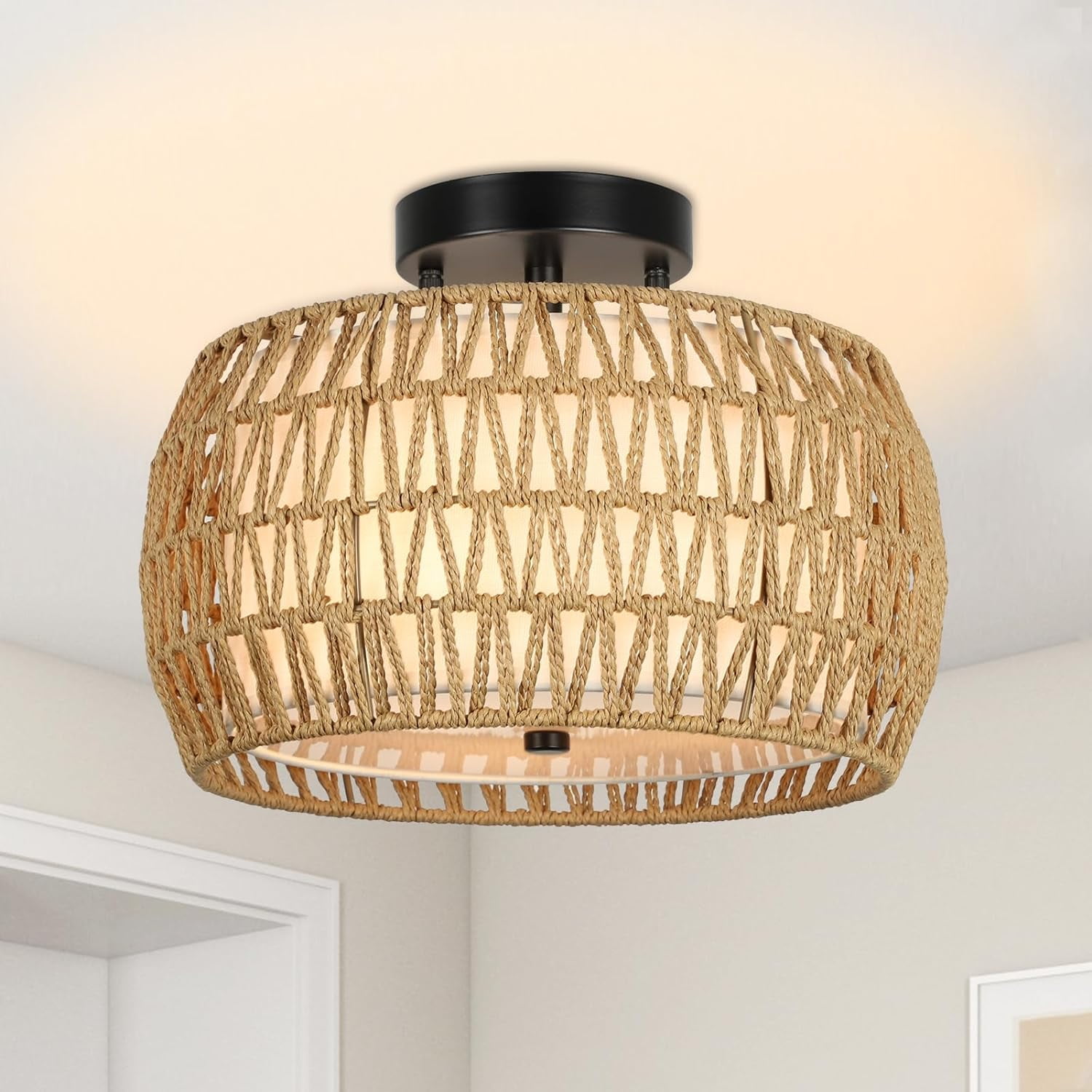 Boho Style Ceiling Light with Rattan Shade - Farmhouse Inspired Semi Flush Mount Fixture for Kitchen, Living Room, Bedroom and Hallway