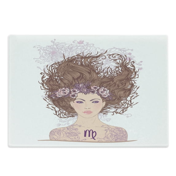 Zodiac Virgo Cutting Board, Lllustration of Virgo Astrological Sign as a Young Girl with Floral Hairstyle, Decorative Tempered Glass Cutting and Serving Board, Large Size, Multicolor, by Ambesonne