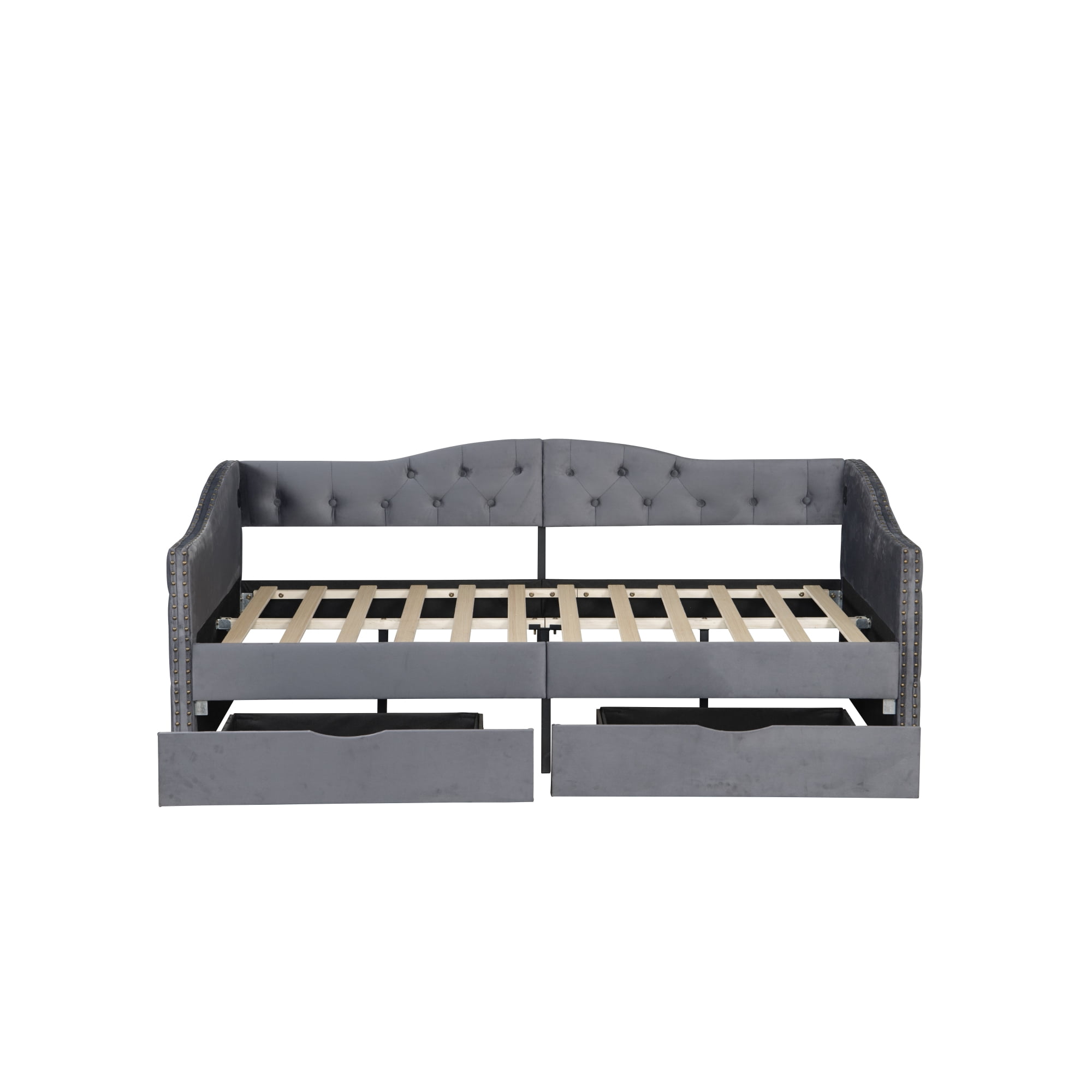 Leumius Twin Size Upholstered Daybed with Storage Drawers, Wood Daybed with USB Ports & 2 Storage Drawers for Living Room Guest Room Grey
