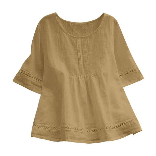 Top de mujer con cuello redondo y manga media - Camiseta lisa con costuras huecas - Tejido suave y elástico, informal/playa/fiesta, lavar a mano en frío