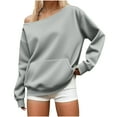 thumbnail image 2 of BiZtdJrK Women Solid Sweatshirts Off the Shoulder Long Sleeve Casual Pullover Tops Loose Fit Fall Fashion Sweat Shirt with Kangaroo Pocket Gray M, 2 of 9