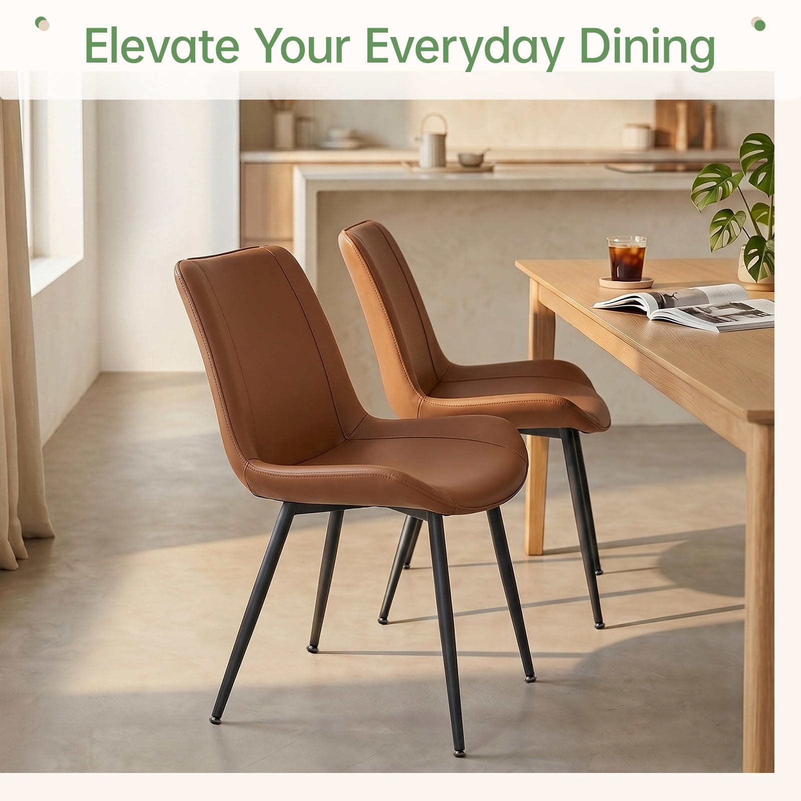 Modern Faux Leather Dining Chairs Set of 2, Upholstered Dining Side Chairs with Metal Legs, Comfort Backrest Chair For Kitchen Dining Room Cafe(Brown, Black Legs)
