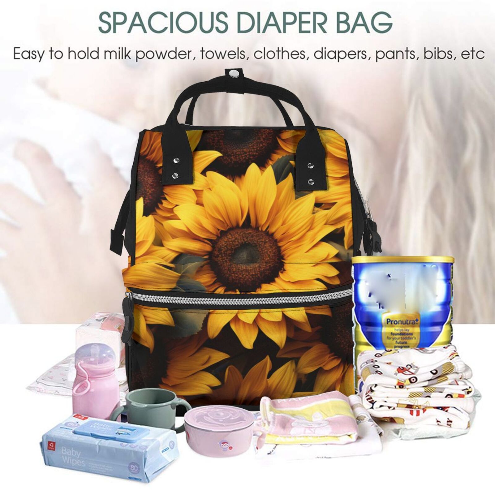 Ratiio Vibrant Sunflower Blooms Mummy Backpack - Waterproof Twill Canvas, Large Capacity Diaper Bag with Multiple Pockets and Adjustable Straps