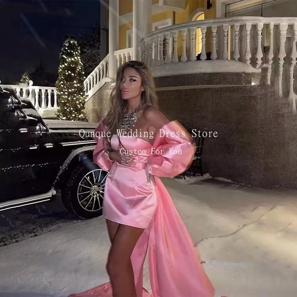 Vestido de fiesta corto de satén con hombros descubiertos rojo Qunque, vestidos de noche de manga corta personalizados, Mini vestido de cóctel con lazo en la espalda para fiesta de bienvenida