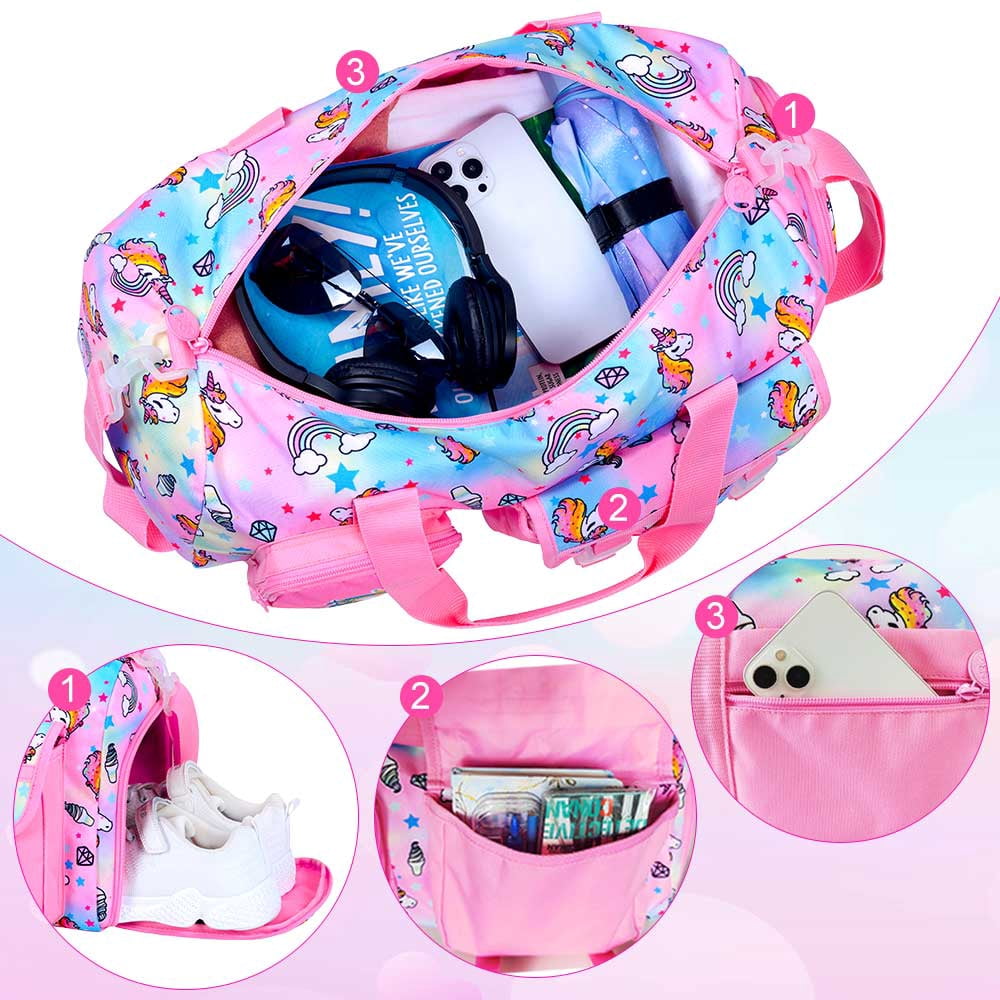 Kids Travel Duffle Bag for Girls with Shoe Compartment, A Sports Gym Weekender Overnight Sleepover Bag for Toddler Little Kid - Pink Unicorn