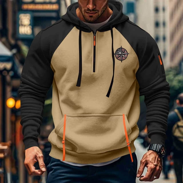 Sudadera con capucha para hombre, con bloques de color, bordado, bolsillo, media cremallera, cordón ajustable, informal, deportiva, manga larga, sudadera con capucha, blusa de poliéster para hombre
