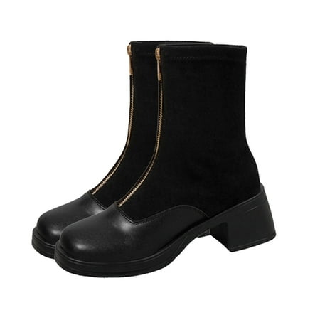 

Lovskoo Mid Calf Boots for Women Round Toe Chunky Heel Slimming 2024 Fall And Winter Foolproof Casual Thick Heel Short Spliced Stretch Slim Black