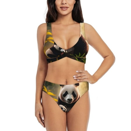 Zeuib Forest Panda High Waisted Tummy Control Bikini Set - Knot Front Push Up Top & Cheeky Thong Bottom  Two-Piece Swimsuit for Women-XX-Large