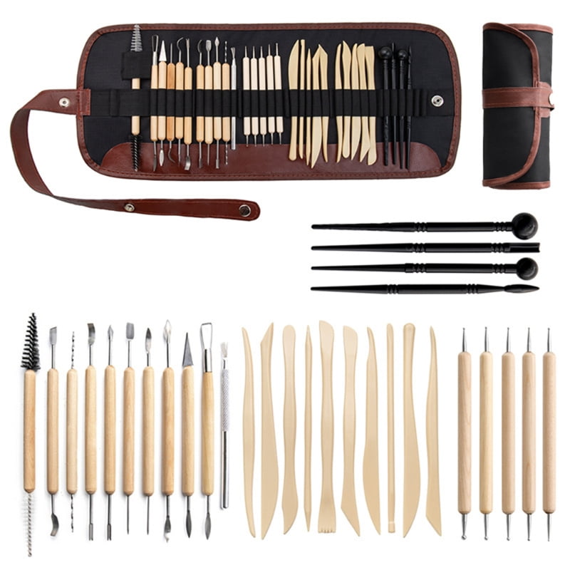 30pcs DIY Clay Pottery Tool Set Double Sided Ceramics Sculpting Carving Drill Pen Tools with Carrying Bag for Beginners Professionals