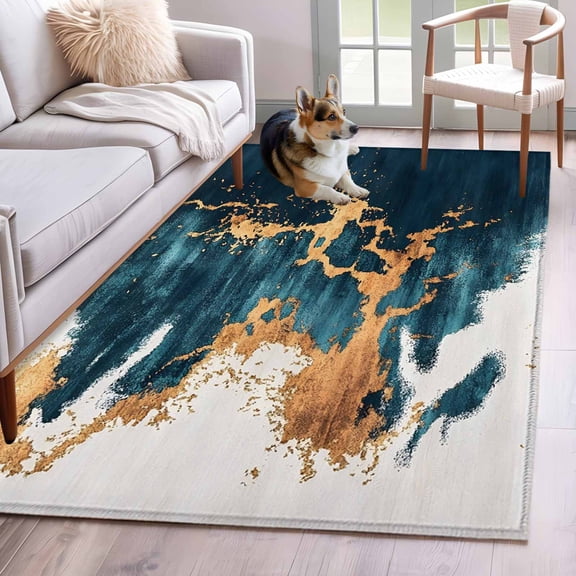 Teal Yellow Art Area Rug 3x5 Washable Rug Non Slip Modern Abstract Art Aesthetics Large Area Rug Indoor Floor Carpet for Entryway Bedroom Kitchen Living Room Home Office Dining Room Nursery