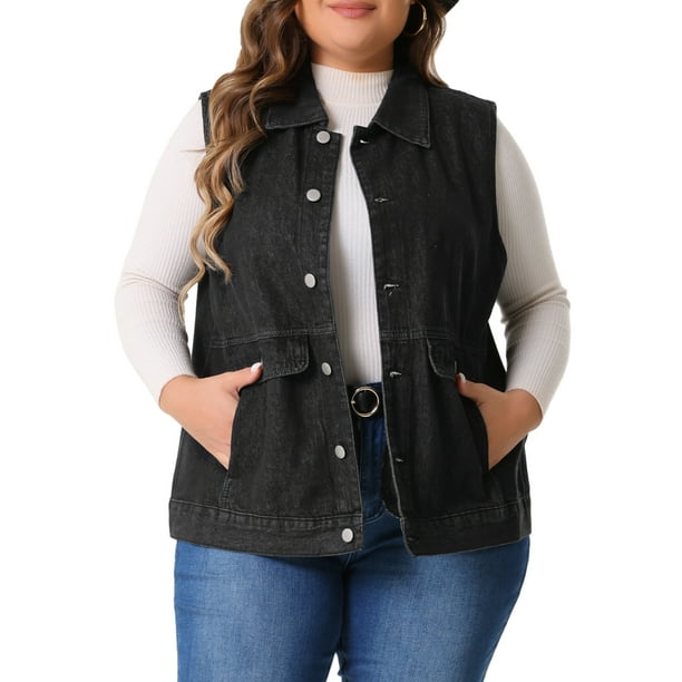 Chaleco de mezclilla sin mangas de gran tama?o para mujer GRACE & GRANDEUR, con botones, talla 2X, negro