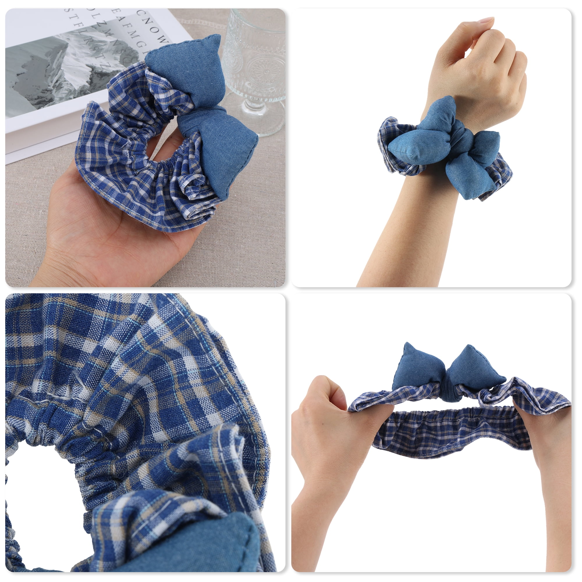 Unique Bargains Bow Denim Hair Ties Fashionable Daily Use Blue Light Plaid