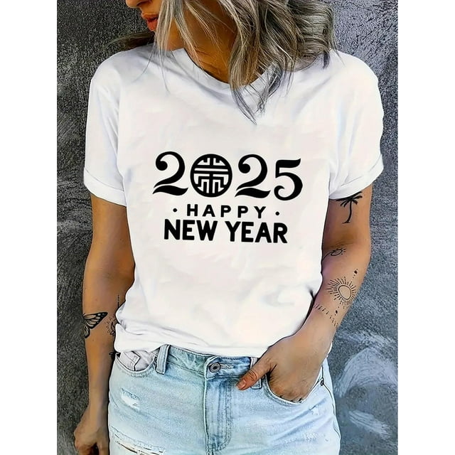 Creative Happy New Year 2025 Pattern Printed Women'S Fashionable Trendy Round Neck Short Sleeve, Simple Casual Sports T-Shirt, Comfortable Summer Top for Holidays.